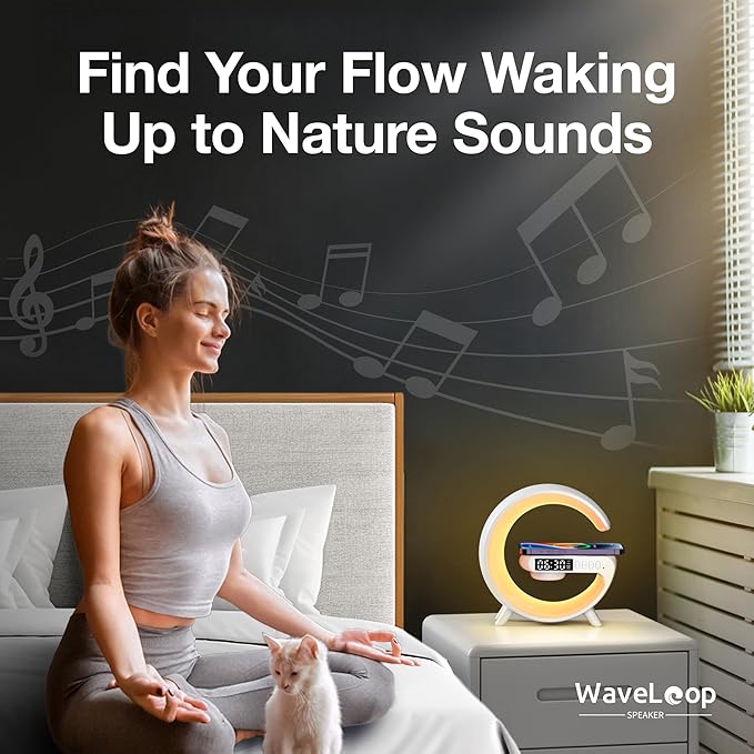 Waveloop Speaker Alarm Clocks for Bedrooms with Wireless Charging and G Bluetooth Speaker, Sunrise Wake Up Light RGB Night Lamp, 4-Button Bedside Alarm Clock for Bedroom Time Display, USB-C