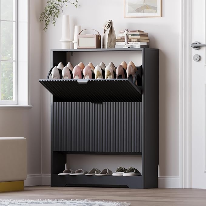 Shoe Cabinet with 2 Flip Drawers, Fluted Shoe Storage Cabinet with Adjustable Shelves, Freestanding Rack and Organizer for Entryway, Closet, Hallway