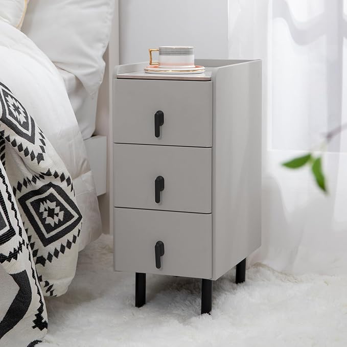 Lamberia Narrow Nightstand with 3 Drawers, Narrow Side Table, Small Bedside Table for Bedroom, Living Room, End Table for Small Space, Dark Grey, 9.8''W x 15.8" D x 23.5" H