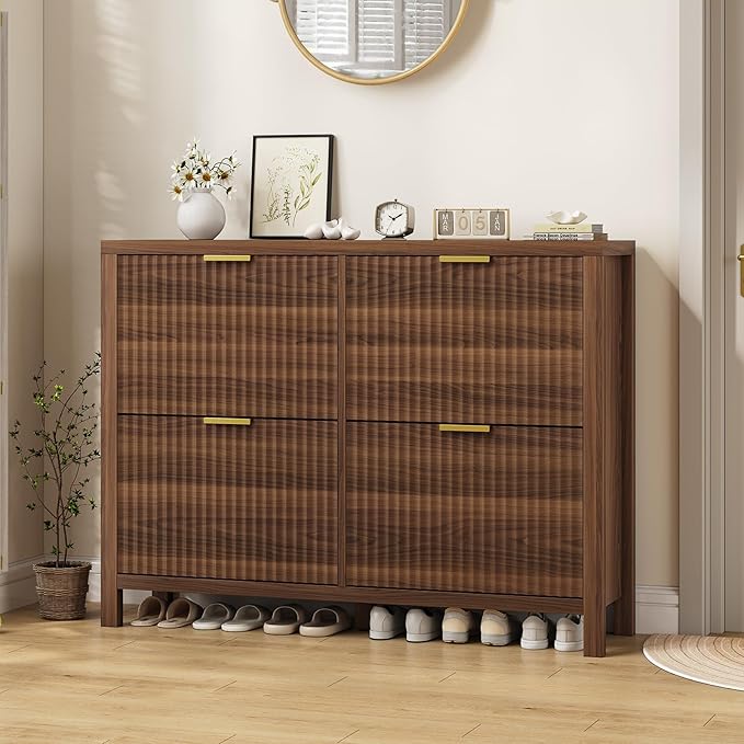 Shoe Cabinet Storage for Entryway, Fluted Shoe Cabinet with 4 Flip Drawers, Hidden Shoe Rack Freestanding Wooden Shoe Organizer with Legs for Hallway, Walnut