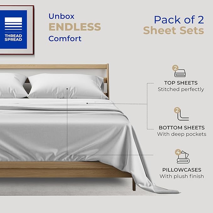 THREAD SPREAD 2-Pack King Size Sheets Set - 400 Thread Count 100% Cotton Sateen Weave - Extra Soft, Breathable, Hotel Quality Cooling Sheets, 2 Sets of King Size Deep Pocket Bed Sheets (Silver Grey)