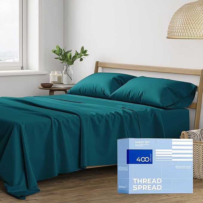 THREAD SPREAD King Size Cotton Sheets Set - 400 Thread Count 4 PC 100% Cotton Sheets for King Bed, 16 in Deep Pocket King Size Cotton Sheets Set for Hot Sleepers, Luxury Hotel Cooling Sheets (Teal)