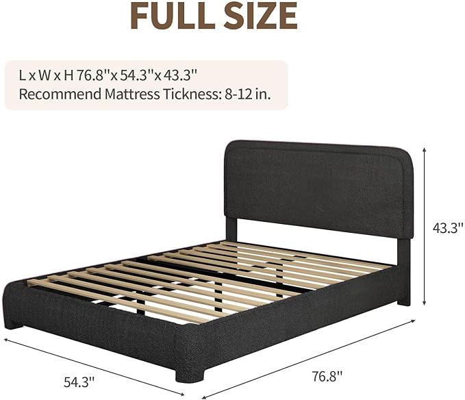 BarnFurin Full Size Bed Frame, Boucle Upholstered Platform Bed Frame with Headboard, Modern Style, Soft Rounded Corners, No Box Spring Required, Easy Assembly, Black