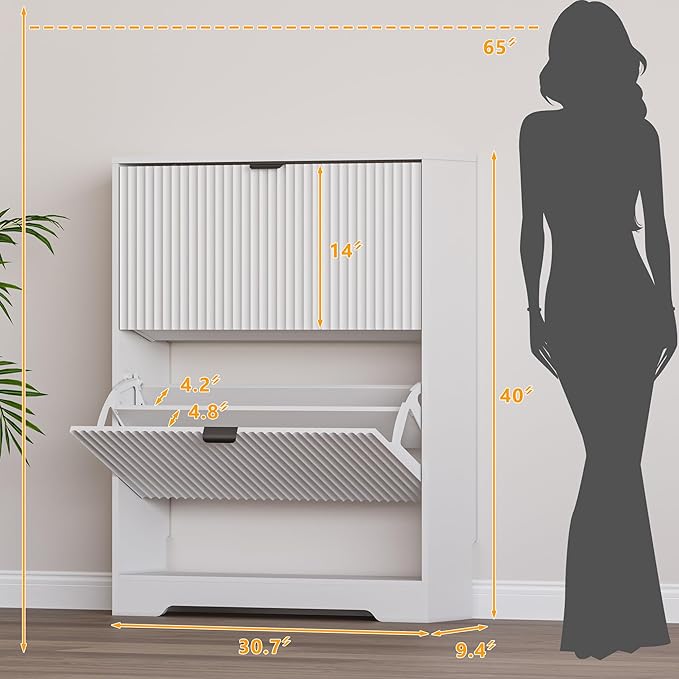 Shoe Cabinet with 2 Flip Drawers, Fluted Shoe Storage Cabinet with Adjustable Shelves, Freestanding Rack and Organizer for Entryway, Closet, Hallway