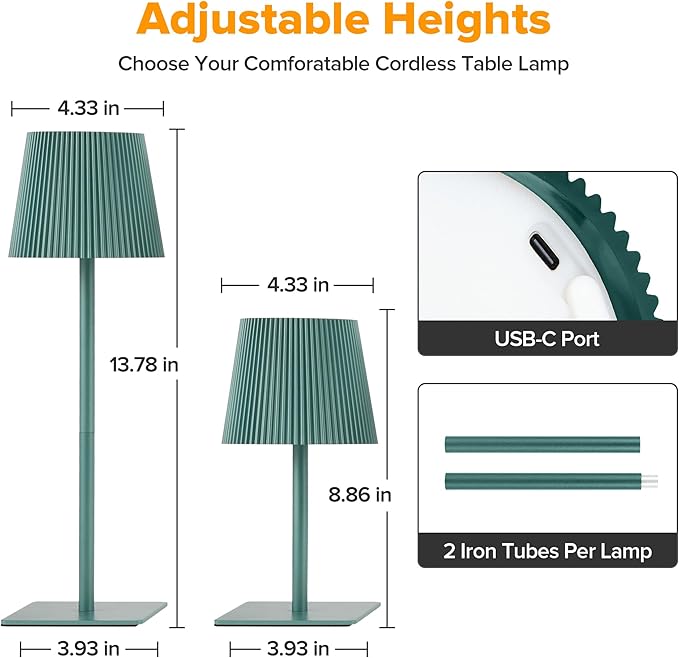 LUTEC 4 Pack Cordless Table Lamp,6000mAh Rechargeable Battery Operated Desk Lamp,Two Adjustable Heights,Waterproof, Touch Control & 3 Color Stepless Dimming for Restaurant/Bedroom/Bars/Outdoor (Green)