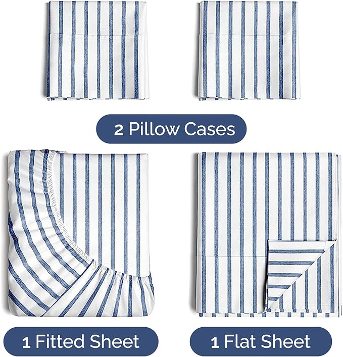 Twin 4 Piece Sheet Set - Cooling, Comfy & Breathable - Hotel Luxury Bedding, Includes Fitted Sheet for Women, Men, Kids & Teens - 1 Flat, 1 Fitted Sheet, 2 Pillowcases w/Deep Pockets - Blue Stripes