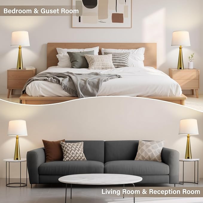 Seealle Modern Table Lamps Set of 2 - Touch Bedside Lamp for Nightstand with Dual USB C+A,3-Way Dimmable Coppery Nightstand Lamps for Living Room Bedroom End Table with White Shade(Bulb Included)