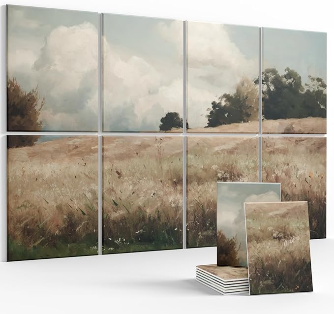 Wall Art Acoustic Panels,47''X31''Soundproof Wall Panels-8-Pack with 50 Adhesive Tabs, Panels for Living Room and Recording Studio, Offices-Grain field, landscape study