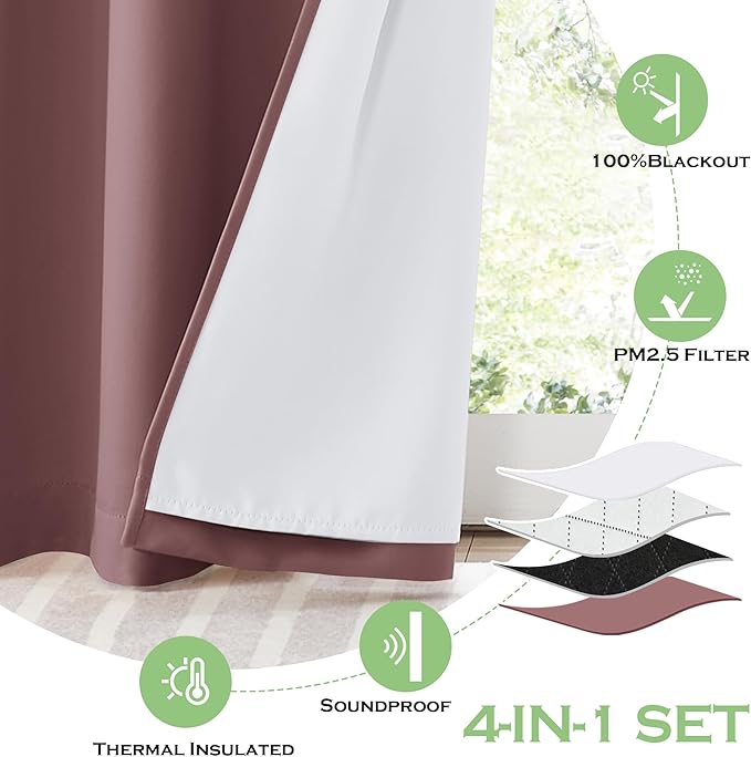 KGORGE 4-in-1 Soundproof Anti Dust 100% Blackout Curtains with Melt-Blown Layer Noise Reducing Thermal Insulating Window Drapes for Bedroom Nursery, W 52 x L 84, Dusty Rose, 2 Panels