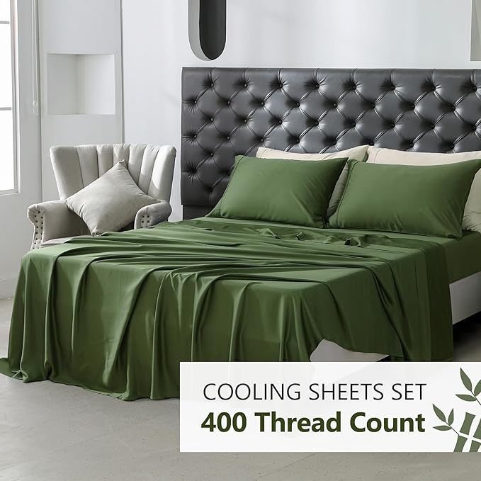 Linen World King Size 400TC Cooling Bed Sheet Set - 100% Organically Grown Viscose Sheets, Silky Soft & Breathable, Deep Pocket Fits Up to 16", 4-Piece Sheets with Pillowcases,Juniper Green