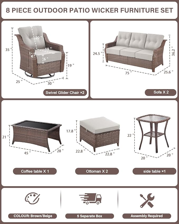 Belord High Back Wicker Outdoor Furniture - 8-Piece Patio Conversation Set with Swivel Rocker Glider Patio Chairs Set of 2 and Rattan Couch, Coffee Table and Ottoman for Lawn Backyard Porch Garden