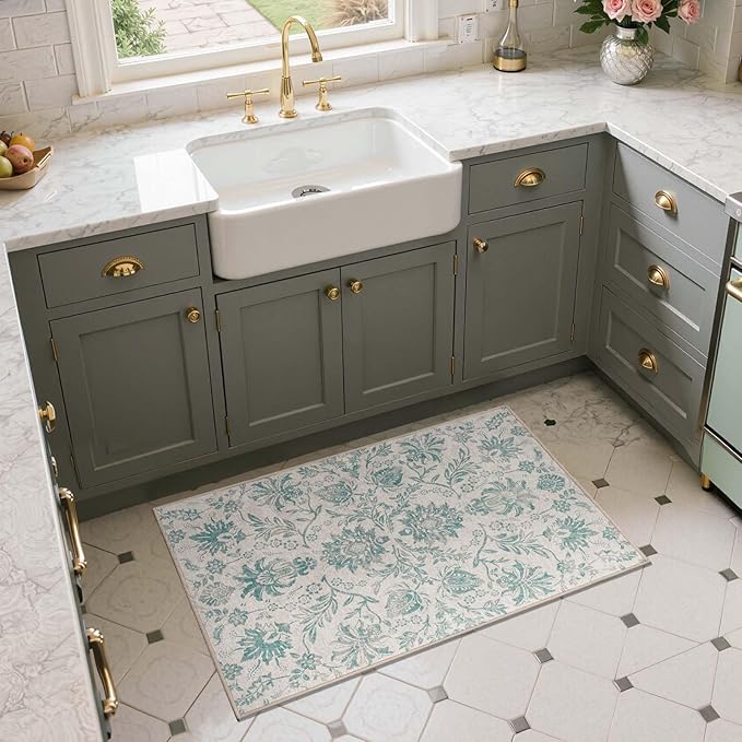 jinchan Torino 2x3 Washable Rugs for Entryway Vintage-Inspired Floral Design Non-Slip Low-Pile Doormat Ultra-Thin Indoor Traditional Accent Carpet for Entrance Kitchen Bathroom Bedroom