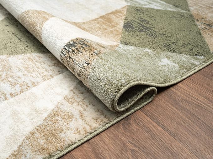 Abani Savoy Collection Area Rug - Green and Cream Geometric Design - 4'x6' - Easy to Clean - Durable for Kids and Pets - Non-Shedding - Medium Pile - Soft Feel - for Living Room, Bedroom, and Office
