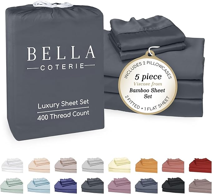 Bella Coterie Luxury Bamboo Viscose Split King Size Sheet Set | 2 Fitted Sheets for Sleep Number & Adjustable Beds | 100% Organically Grown | Cooling & Ultra Soft | 18” Deep Pocket [Charcoal Grey]