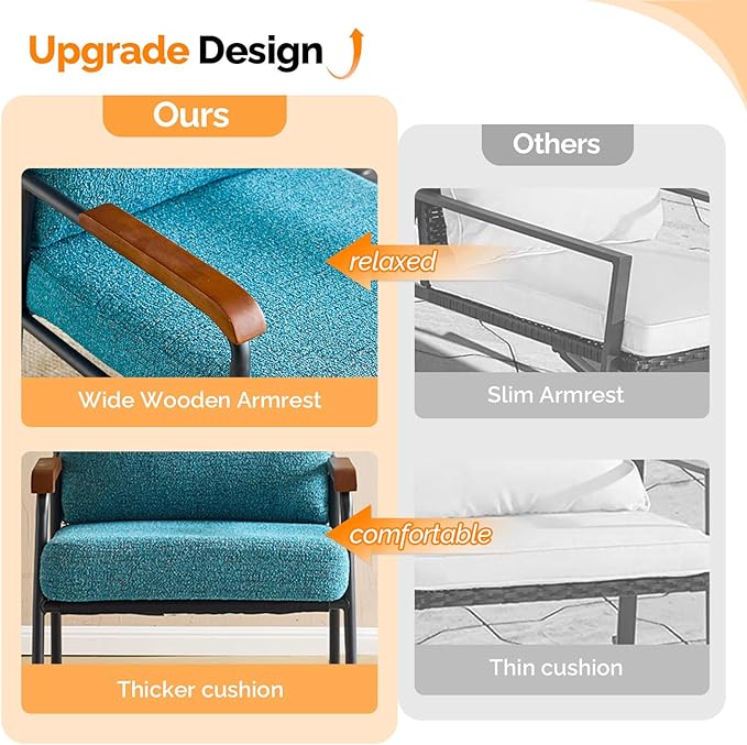 VINGLI Mid-Century Modern Accent Armchiar for Small Space, Small Comfy Upholstered Leisure Reading Chair with Wood Armrest for Bedroom, Living Room, Waiting Room, Linen Teal