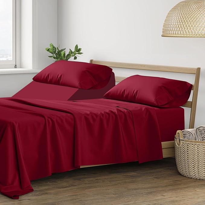 THREAD SPREAD Split King Sheets Sets for Adjustable Bed - 400 Thread Count 5 PC Split Sheet Set, Cooling Cotton Sheets, 2 Twin-XL Fitted Sheets, 16" Deep Pocket Split King Bed Sheet (Burgundy)
