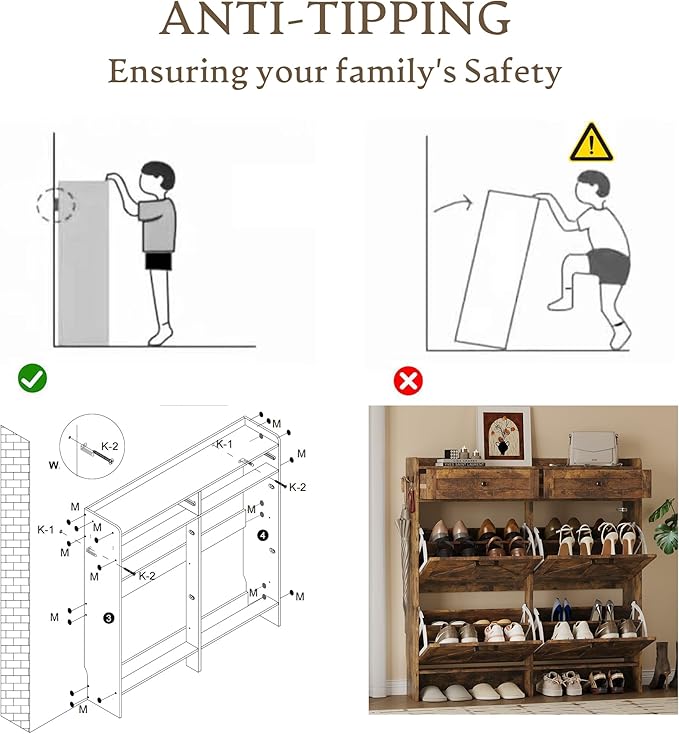 Shoe Storage Cabinet for Entryway, Farmhouse Wide Shoe Cabinet with 4 Flip Drawers and 2 Top Drawers, Freestanding Organizer with Adjustable Shelves, Hooks, and Anti-Tip Kit for Hallway
