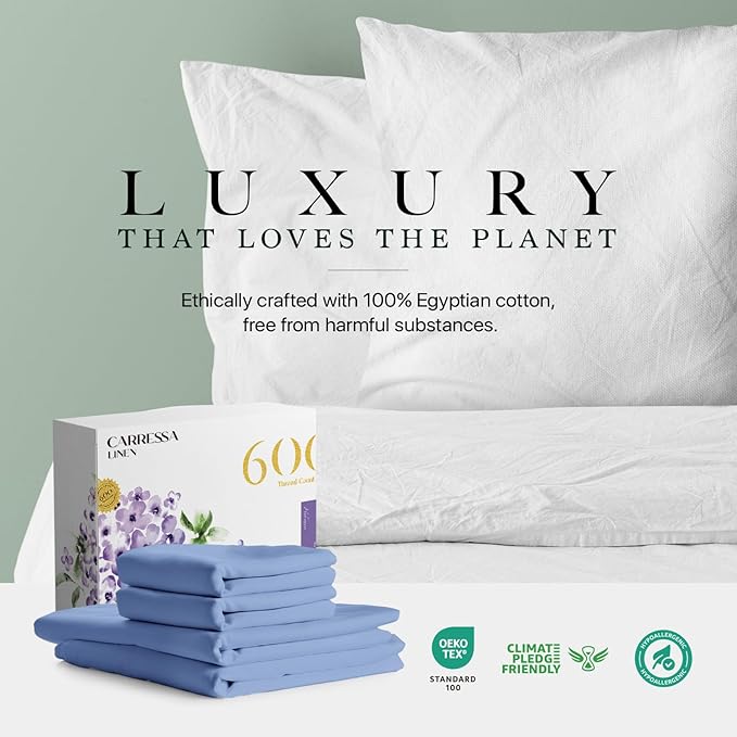 Carressa Linen 100% Egyptian Cotton Queen Sheet Set - 600 Thread Count Egyptian Cotton Queen Sheets Set (4 PC, Marine Blue), Ultra Soft, Cooling, 16" Deep Pocket Sateen Weave Luxury Hotel Bed Sheet