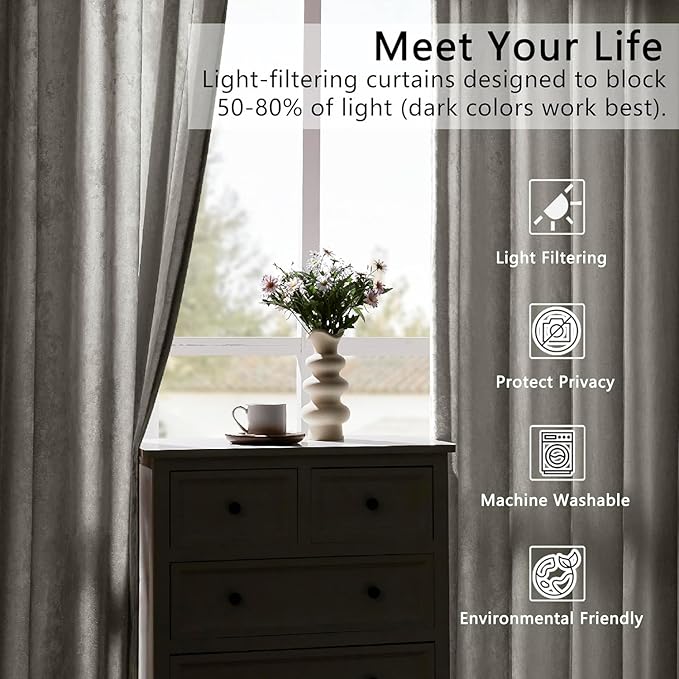 Silver Grey Crushed Velvet Curtains 52x96 inch Luxurious Thermal Insulated Soundproof Drapes for Living Room Bedroom Office Soft and Durable Light-Filtering Window Treatments, 2 Panels