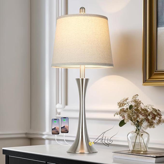 27.5" Silver Table Lamps, Touch Bedside Lamps with USB C+A Ports, 3 Way Dimmable Nightstand Lamps for Bedroom, Living Room, Office, Silver Lamp with Beige Lampshade, Bulbs Included (1 Pack)
