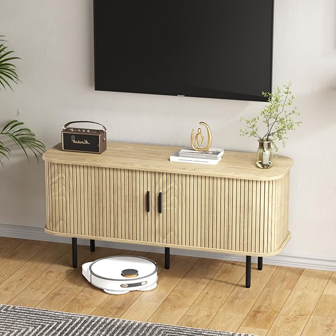 55''W Natural Storage Cabinet, Media Console, Tambour TV Stand, Television Stands with Curvy Edge; Sliding Door, Fluted Cabinet, Buffet Sideboard, Credenza, Table Stand for Living Room, Kitchen