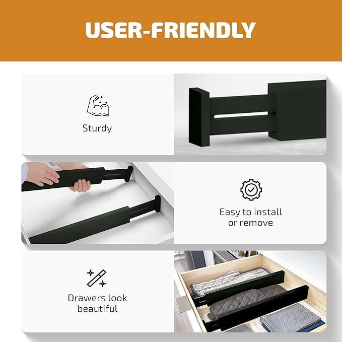 4 Pack Drawer Divider - Bamboo 2.6" High, 12.5-17" Adjustable Drawer Organizers for Clothes, Expandable Dresser Separators in Bedroom, Bathroom, Kitchen, Office Organization and Storage (Black)