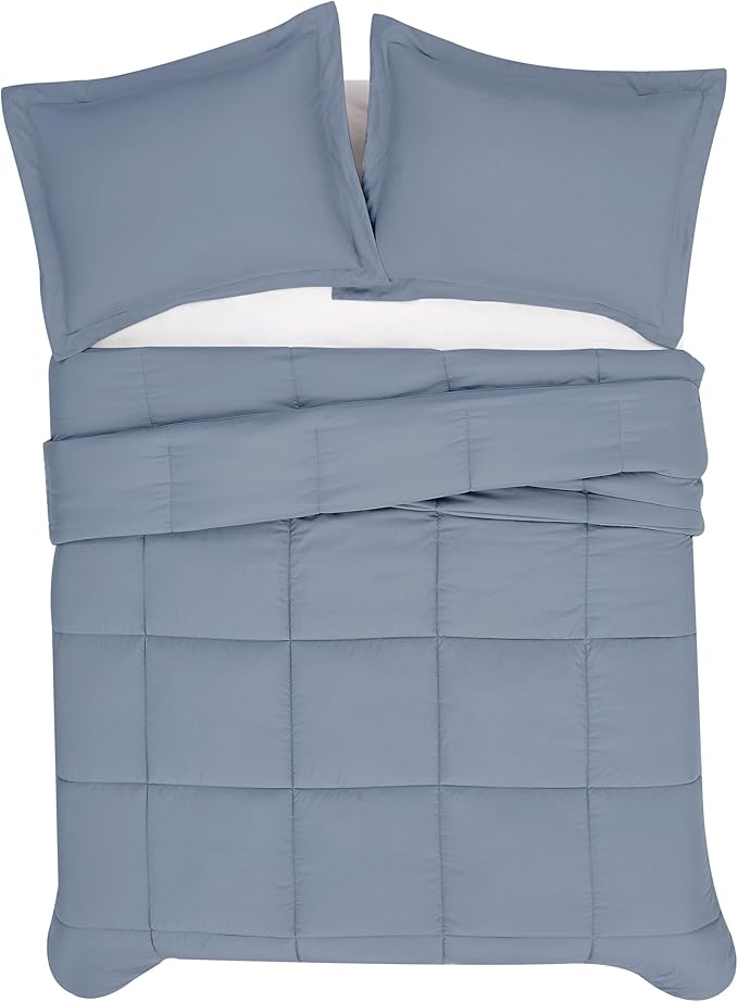 London Fog Garment Washed Solid Comforter Set Blue Microfiber 3-Piece Full/Queen Comforter Set, Solid Themed, Adult and Teen, Oeko-TEX Certified