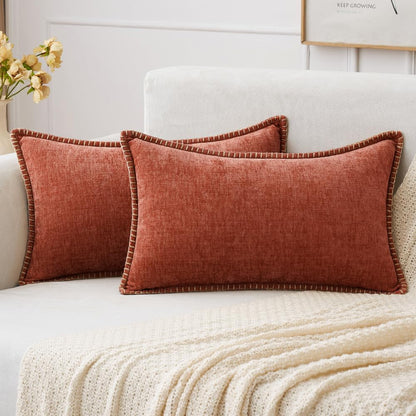 MIULEE Pack of 2 Fall Couch Throw Pillow Covers 12x20 Inch Burnt Orange Farmhouse Decorative Pillow Covers with Stitched Edge Soft Chenille Solid Dyed Pillow Covers for Sofa Bed Living Room