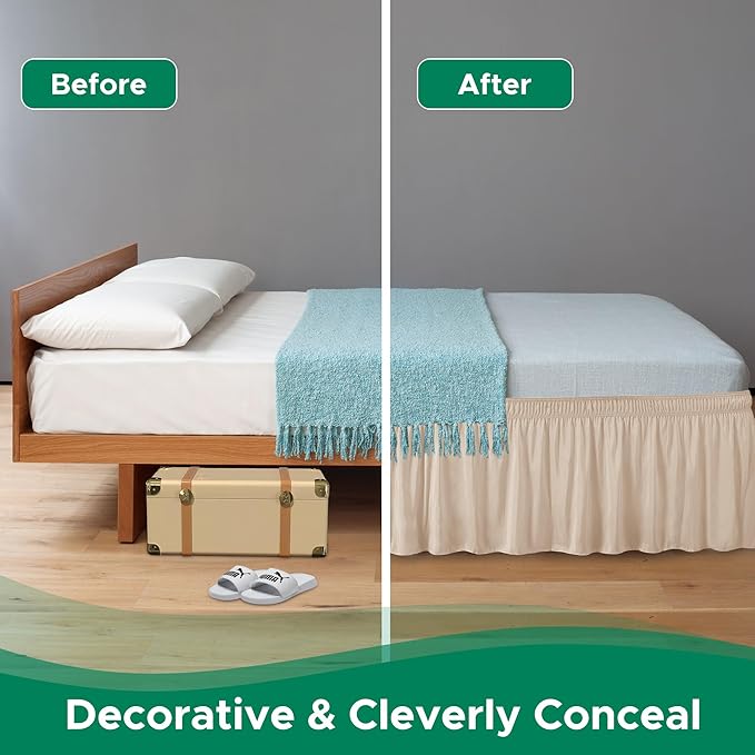 Biscaynebay Wrap Around Bed Skirts for Queen Beds 16" Drop, Sand Adjustable Elastic Dust Ruffles Easy Fit Wrinkle Resistant Silky Luxurious Fabric Machine Washable