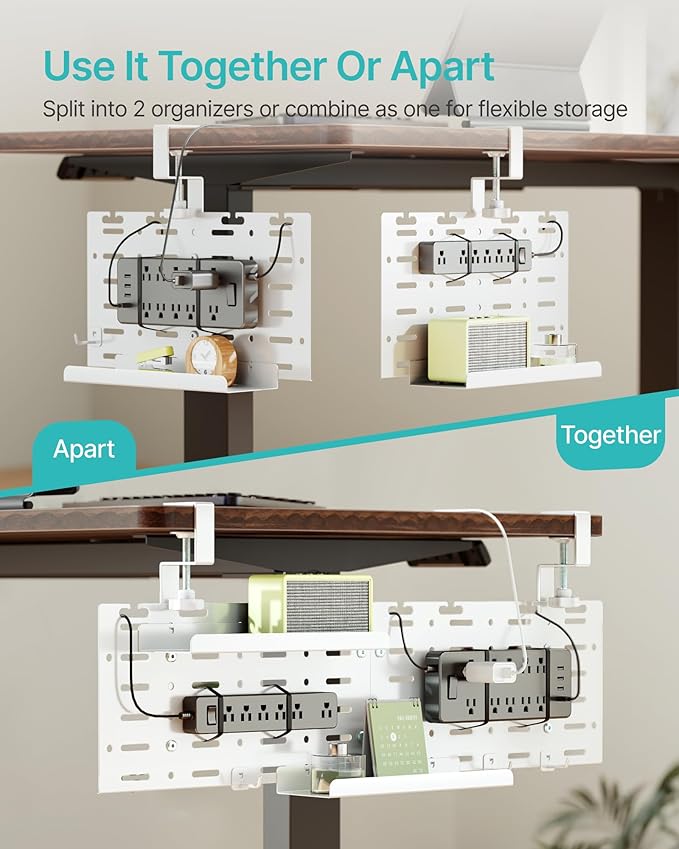 Under Desk Cable Management Tray, 30.2" Vertical Metal Pegboard Organizer for Power Strip, Cables, Clamp On Cord Organizer Rack with Hooks, Trays & Cable Straps for Home Office, White