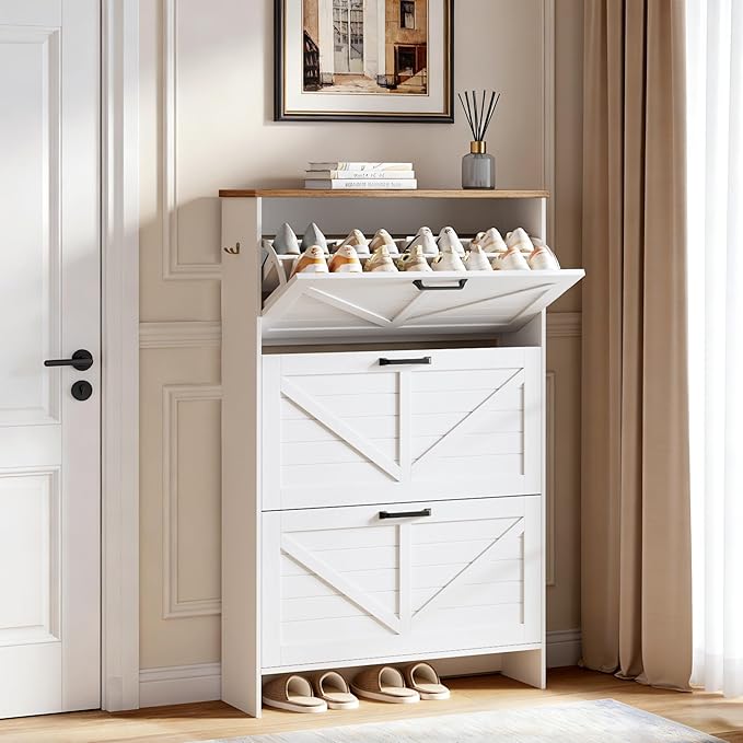 Nicetree Shaker Barn Door Shoe Storage Cabinet for Entryway, 3 Flip Drawers & 3-Tier Adjustable Shelves, Ultra Slim Freestanding, Modern Rustic Brushed White Farmhouse Shoe Rack for Hallway, Foyer