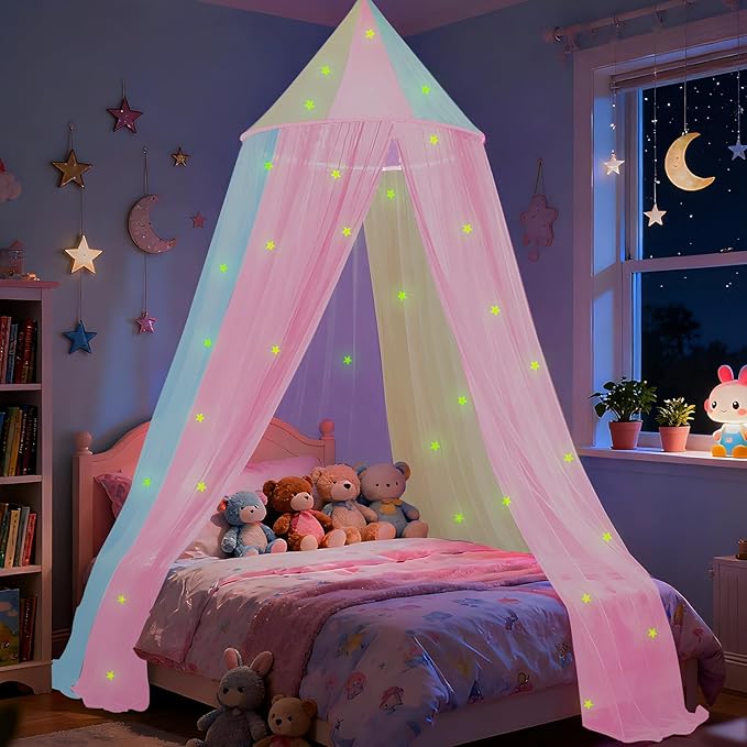 Rainbow Bed Canopy for Girls with Glowing Stars, Colorful Princess Canopy Bed Curtains for Twin, Full, and Queen Sizes,Mosquito Netting for Baby Crib,Ceiling Tent for Kids Bedroom Decor