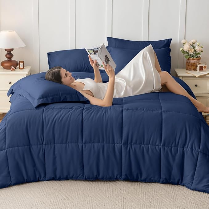 JOLLYVOGUE King Comforter Set, Ultra-Soft Bed in a Bag King Size 7 Pieces, Oeko-TEX Certified Bedding Set with Down Alternative Comforter, Sheets, Pillowcases & Shams, Navy