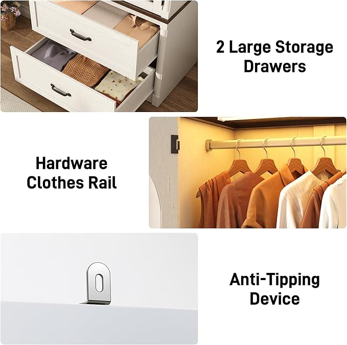 Tall Farmhouse 2 Doors Armoire Wardrobe Closet with LED ,72" Freestanding Arched Wardrobe Closet Cabinet for Bedroom w Glass Doors/Drawers,Wooden Clothing Storage Cabinet,Closets for Bedroom(White)