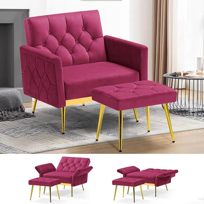 Velvet Accent Chair w/Adjustable Armrests and Backrests, Tufted Single Sofa with Ottoman, Upholstered Reading Chiar for Living Room, Apartment, Bedroom, Fuchsia