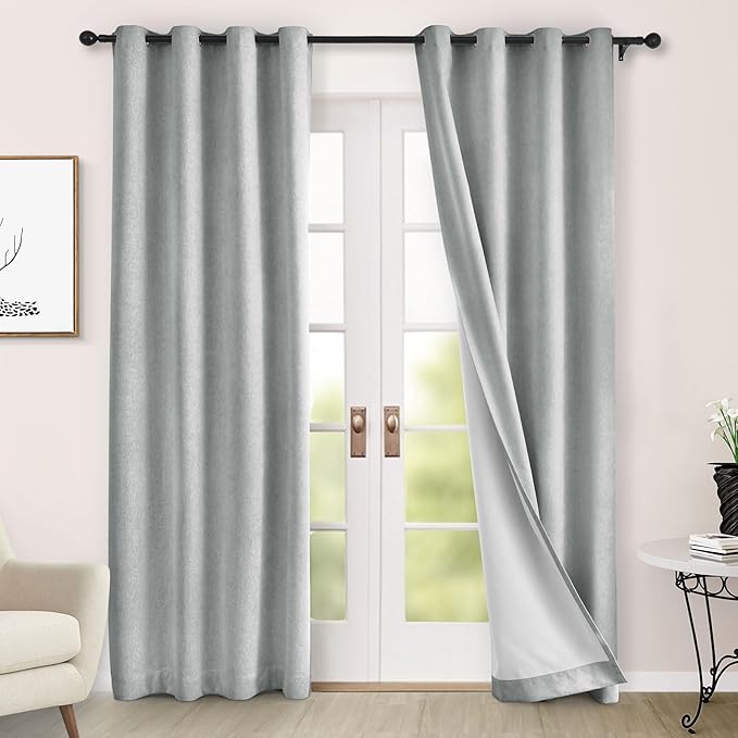 Macochico 100% Blackout Curtains Thermal Insulated Noise Reducing Chenille Curtains for Hotel Auditorium Bedroom Living Room Grommet Medium Gray Curtains with Tieback Classic 52" Wx84 L 1 Panel