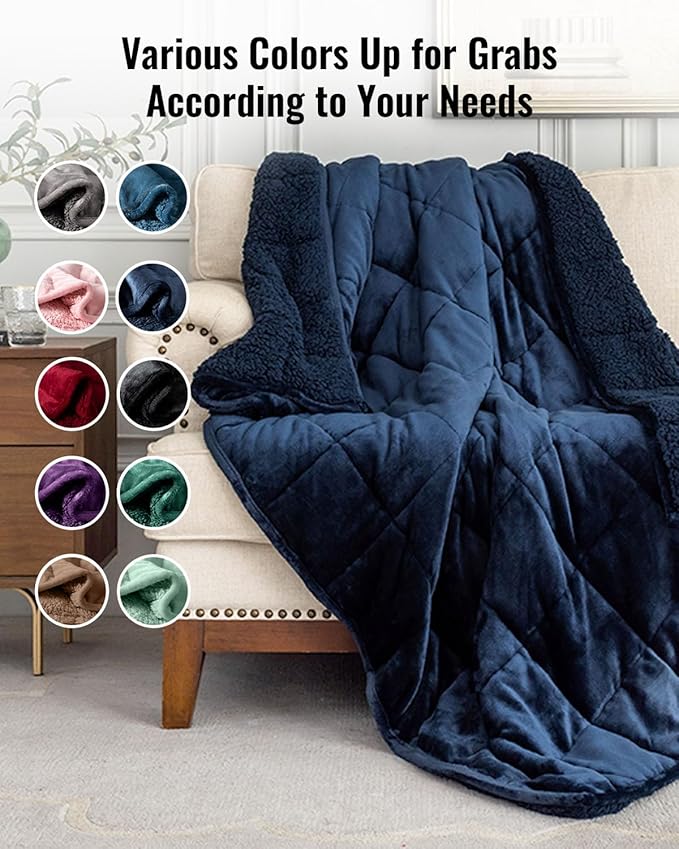 Uttermara Weighted Blanket for Adults, Twin Size 48 x 72 inches 12 lbs Heavy Blanket with Reversible Soft Shiny Velour Fleece and Cozy Warm Sherpa for Couch Bed, Calming and Relaxing, Navy Blue