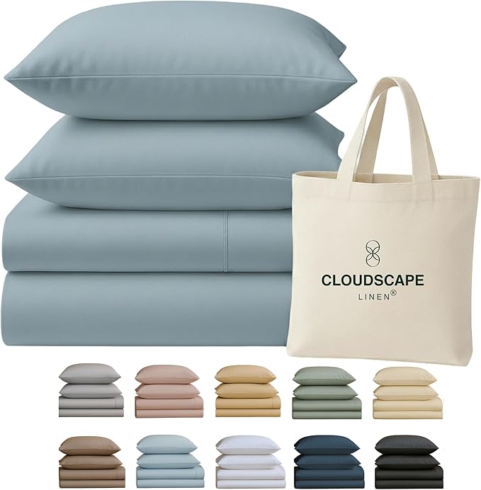 Cloud Scape Linen 100% Egyptian Cotton Sheets for Queen Size Bed, 400 Thread Count, 4 Pieces Bedding Set, Hotel Quality, Silky Soft, Deep Pockets up to 17”, French Blue
