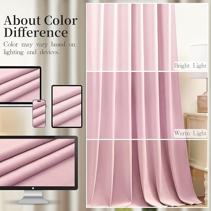 Baby Pink Velvet Curtains 108 Inches Long for Girls Room, Luxury Room Darkening Thermal Insulated Blackout Curtains Luxury Window Drapes for Bedroom, Back Tab Rod Pocket, W52 x L108, 2 Panels