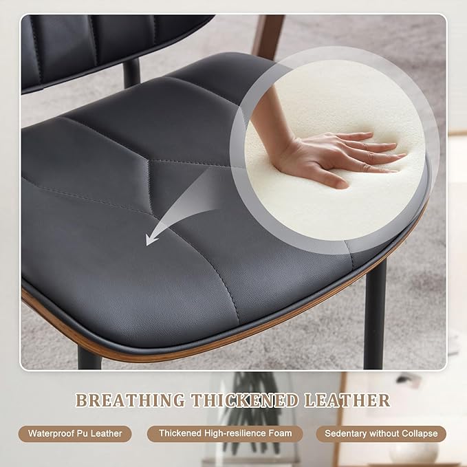 BV Mid Century Modern Dining Chairs Set of 4, Upholstered Pu Leather Armless Accent Chair with Walnut Bentwood Back, Retro Kitchen Chair for Dining Room, Living Room, Kitchen, Black