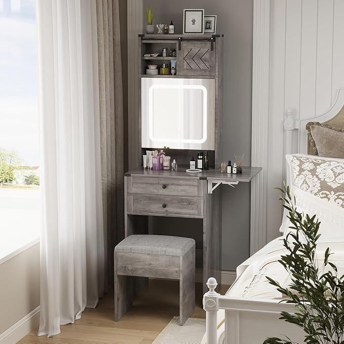 ARTETHYS Farmhouse Small Vanity Desk Set with Mirror Cabinet Compact Makeup Vanities Set with 3 Adjustable Lights and Storage Chair for Compact Space, Gray Dressing Table with Fold-up Panel