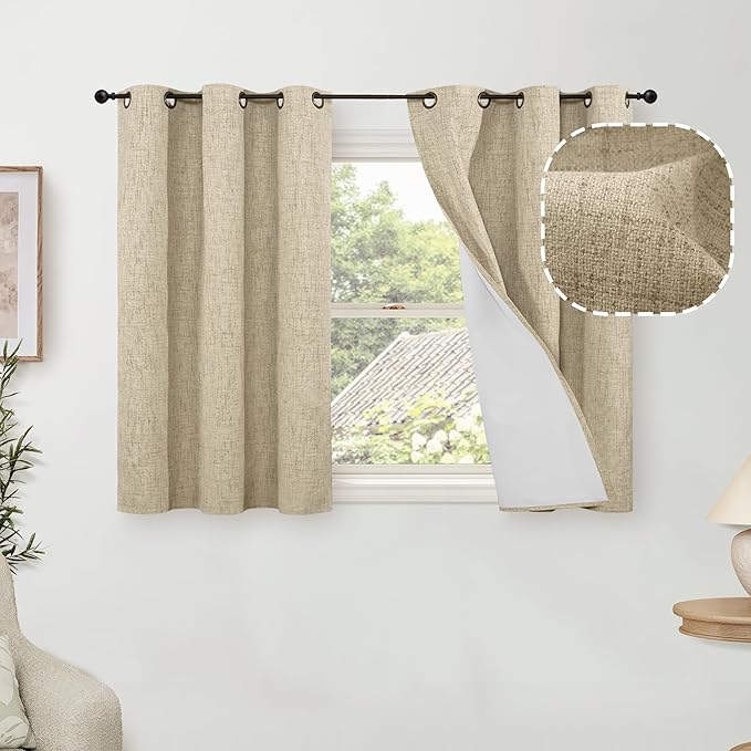 40 Inch Length Linen Blackout Curtains for Short Cafe Window, Thermal Insulated Light Blocking Soundproof Privacy Burlap Curtains 2 Panels, Each 38 Inch Wide Burlap