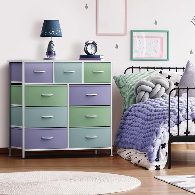 Sorbus Kids Dresser with 9 Drawers - Furniture Storage Chest Tower Unit for Bedroom, Hallway, Closet, Office Organization - Steel Frame, Wood Top, Fabric Bins (Pastel 2, Pastel)