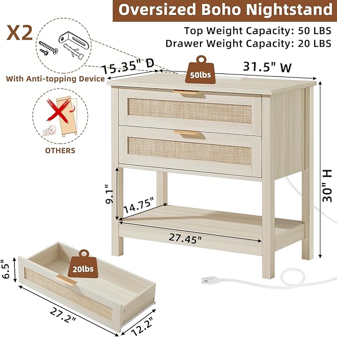 LEYAOYAO 31.5" Wide Rattan Night Stand Set 2 with Charger Station, Oversized Large Boho Nightstand with 2 Drawer, Grey White Bed Side End Tables, Tall Bedside Table for Bedroom Living Room, Hallway
