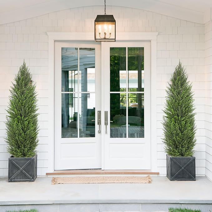 Briful 2PCS 5ft Artificial Cedar Topiary Trees in White Planter – Tall Faux Evergreen Potted Plants, Indoor Outdoor Fake Cypress Shrubs, Lifelike Fake Trees for Home, Office, Patio, Porch, Entryway