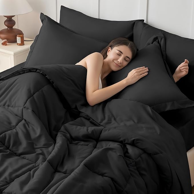 JOLLYVOGUE Twin XL Comforter Set, Ultra-Soft Bed in a Bag Twin XL Size 5 Pieces, Oeko-TEX Certified Bedding Set with Down Alternative Comforter, Sheets, Pillowcases & Shams, Black