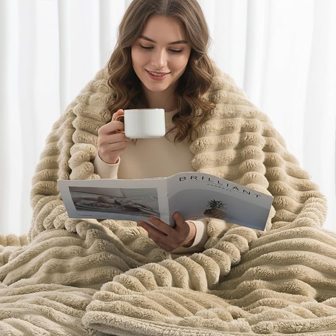 decorUhome Christmas Soft Fleece Light Brown Blanket Queen Size for Bed, Cozy Fluffy Plush Flannel Large Striped Throws for Couch Sofa, Lightweight Decorative Fuzzy Blanket for Woman, 90x90 Inches