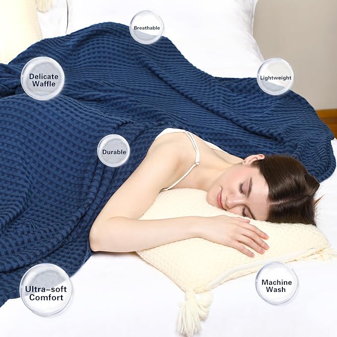 Aganear Waffle Blanket - Lightweight Breathable Summer Blanket of 50% Cotton and 50% Rayon Derived from Bamboo for Hot Sleepers Luxury Throws for Bed, Couch and Sofa,Navy,104x90 Inches