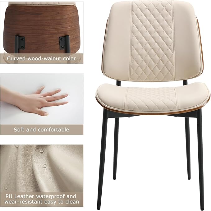 BV Dining Chairs Set of 2, PU Leather Armless Kitchen Chair in Modern Walnut Style, Mid Century Bentwood Side Chair with Metal Legs, Retro Accent Guest Chair for Kitchen Dining Room(Beige)