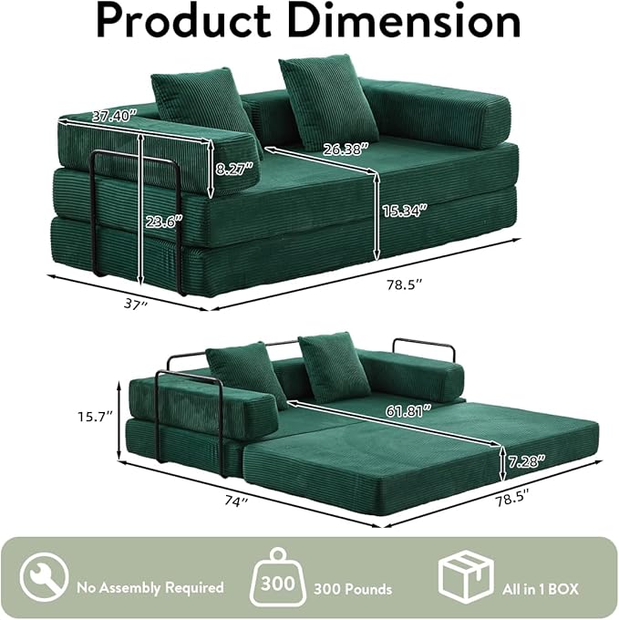 4-in-1 Convertible Folding Sleeper Sofa Bed, Fold Out Floor Sofa Couch with Fixed-Shape Frame, Cloud Corduroy Foldable Mattress Couch for Living Room Bedroom (78.5" Corduroy, Dark Green)